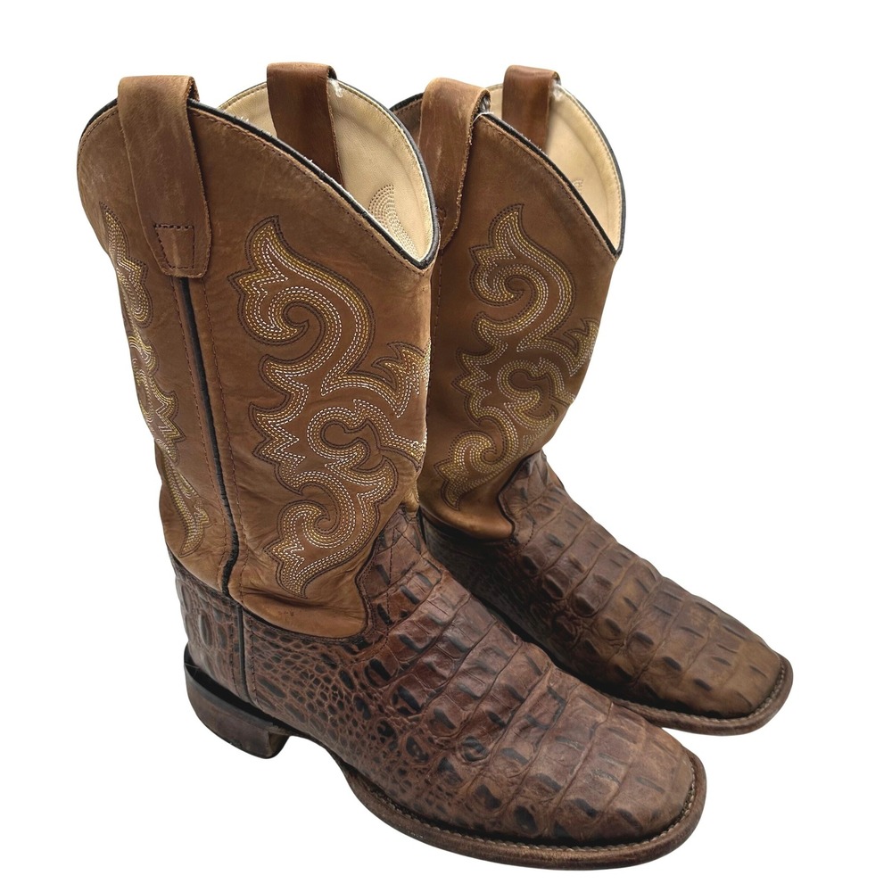 Old West Brown Leather Embroider Caiman Print Western Cowboy Boots Boys Youth 5D
